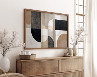 Modern Geometric Canvas Wall Art in Neutral Beige & Black, Mid Century Minimalist Shapes Print, Contemporary Abstract Decor for Living Room