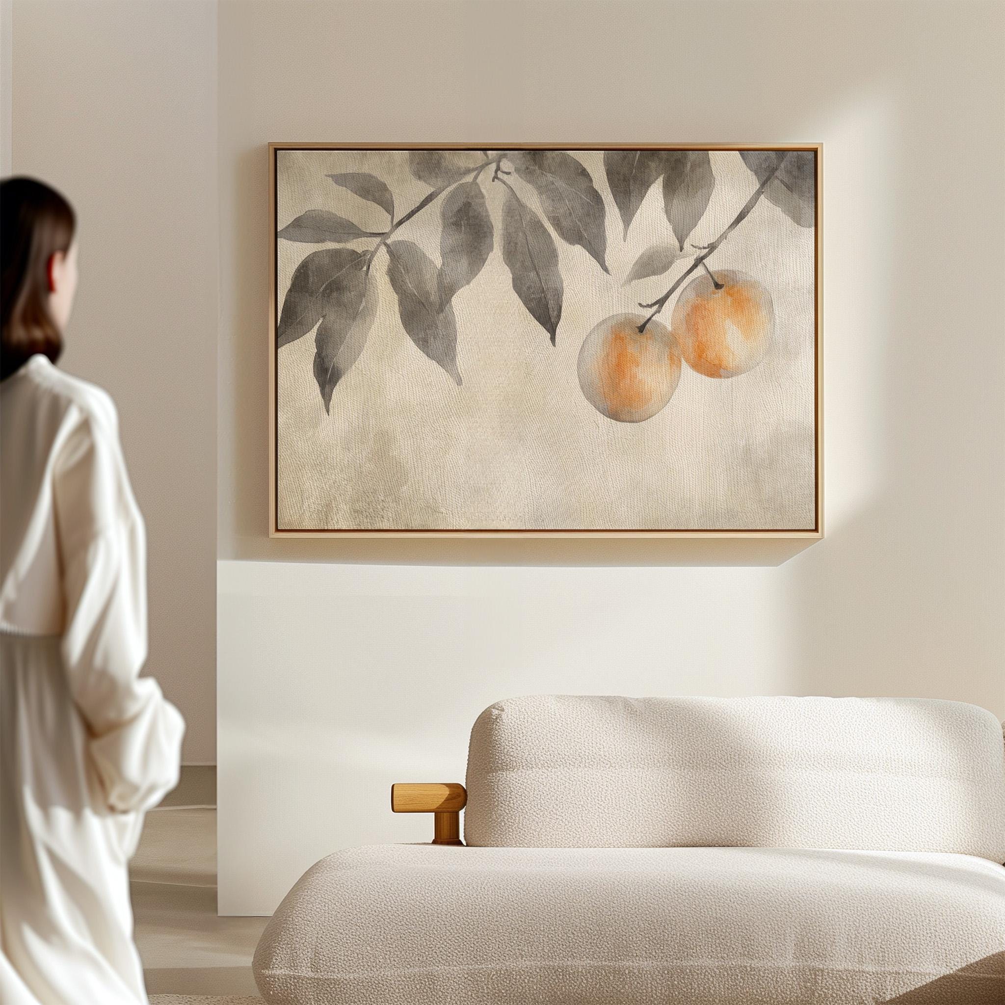Neutral Fruit Branch Wall Art | Watercolor Persimmons with Gray Leaves | Minimalist Botanical Kitchen Decor for Modern Farmhouse Style