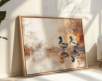Coppia di anatre germano reale di Watercolor Lake, arte rustica della fauna selvatica in uno stagno autunnale, decorazione murale su tela raffigurante uccelli della natura, dipinto per la casa di campagna