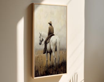 Westerncowboykunst te paard, rustieke canvas muurkunst, vintage cowboyprint voor decor van boerderij of ranch