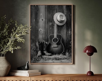 Rustieke westelijke muurkunst zwart-witte gitaar cowboylaarzen hoed canvasafdruk, land boerderij muziek fotografie poster decor