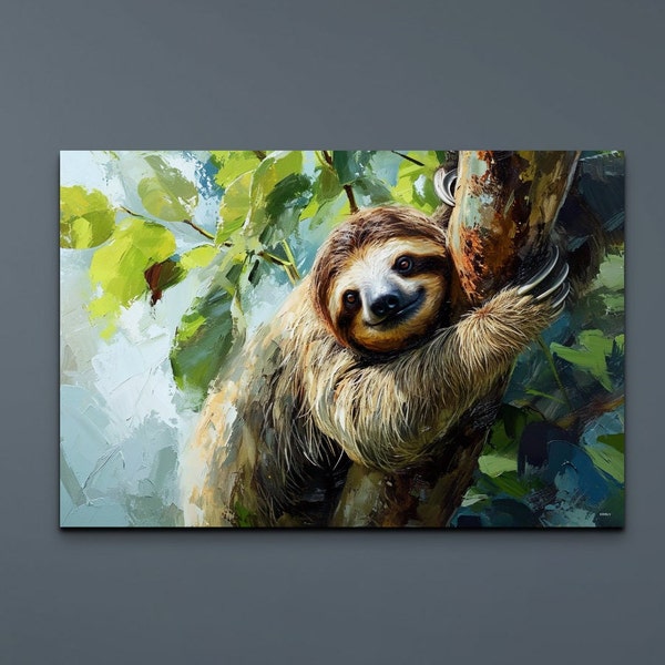 Sloth Canvas Wall Art Print, Sloth, Oil Style, Tropical Animal Decor, Tropical Art, Animal Art, Canvas Wall Art Home Decor, Living Room Art