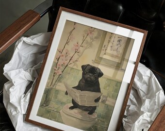 May include: Framed art print featuring a black pug sitting on a toilet, reading a newspaper. The artwork has a vintage aesthetic with cherry blossom branches and Japanese calligraphy. The frame is brown with a white mat.