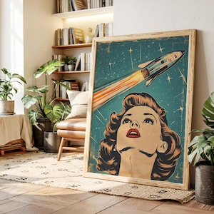 Retro Space Rocket Canvas Wall Art – Vintage Pop Art Woman Watching Spaceship Launch in Midcentury Comic Book Style