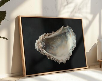 Oyster Shell Canvas Wall Art | Coastal Nautical Seashell Painting on Black Background | Beach House Ocean-Inspired Rustic Coastal Decor