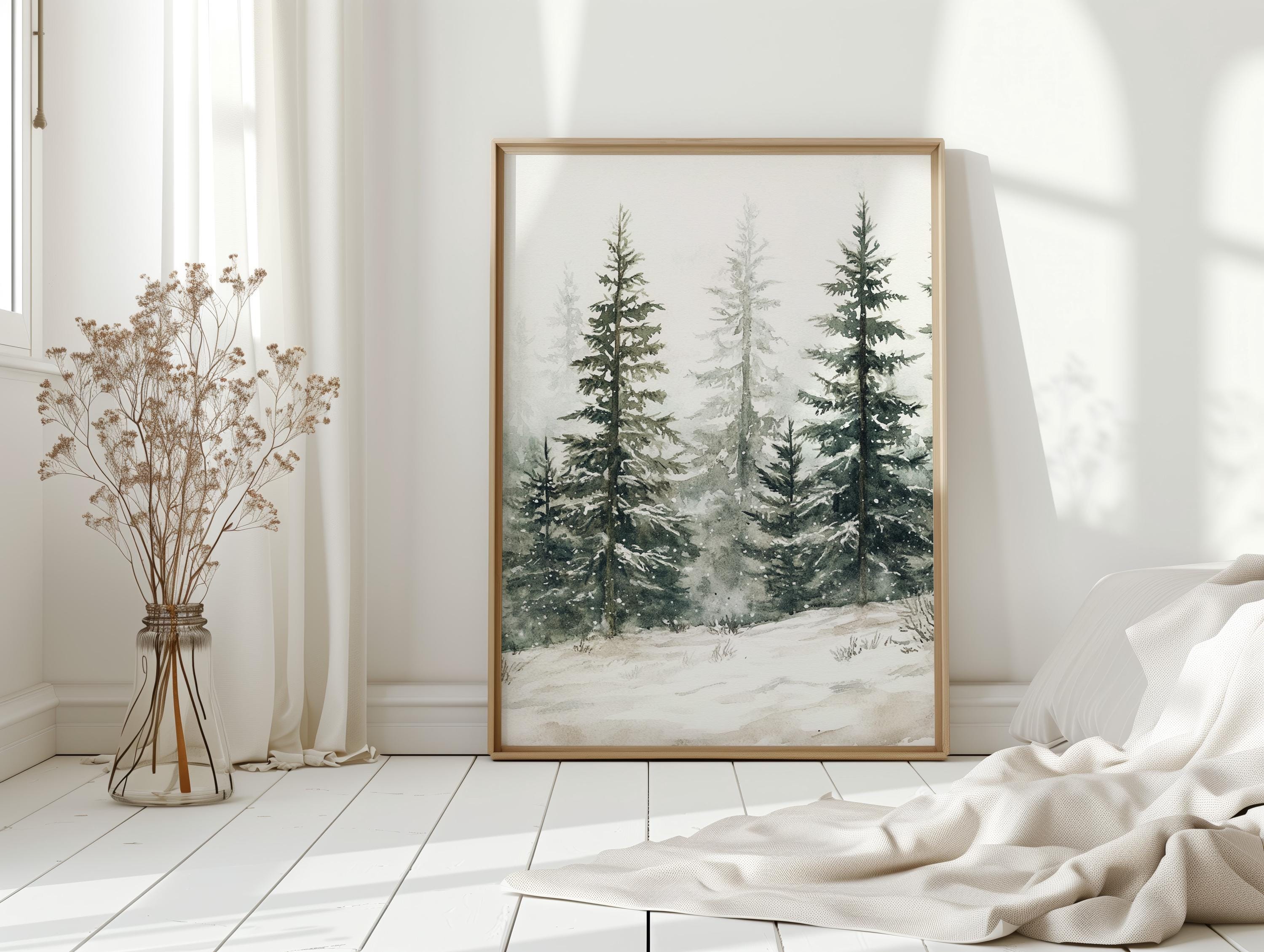 Snowy Evergreen Forest Winter Scene – Tranquil Watercolor Pine