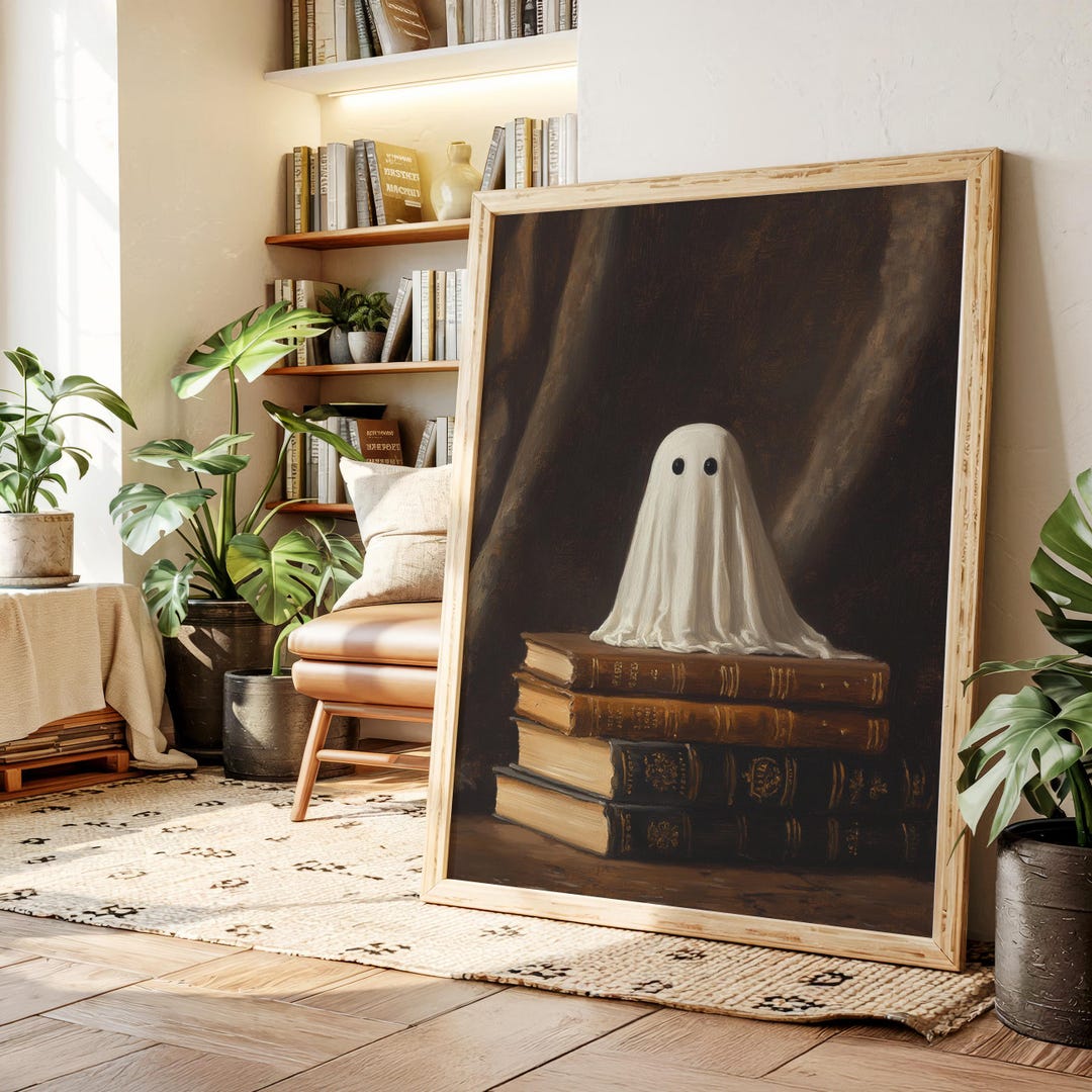 Vintage Ghost With Books Canvas Wall Art | Spooky Gothic Library Print ...