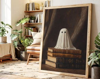 Arte de parede em tela com fantasma vintage e livros | Impressão de biblioteca gótica assustadora | Decoração de literatura de Halloween para leitores vorazes e para a academia obscura