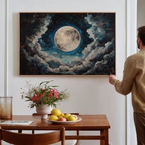 Majestic Full Moon Canvas Wall Art - Starry Night Sky with Glowing Moon and Dramatic Clouds - Mystical Nature-Inspired Home Decor