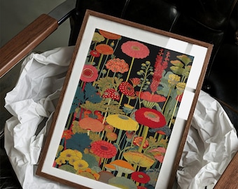 Può includere: Una stampa artistica incorniciata con un vivace design floreale con fiori rossi, arancioni, gialli e blu su sfondo nero. L'opera d'arte è in una cornice di legno e poggia su carta bianca.