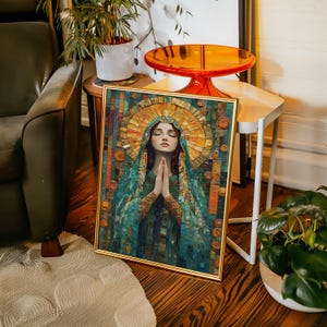 Virgin Mary Mosaic Wall Art – Christian Canvas Print in Byzantine Style, Sacred Prayer Artwork for Catholic Home and Religious Gift Decor