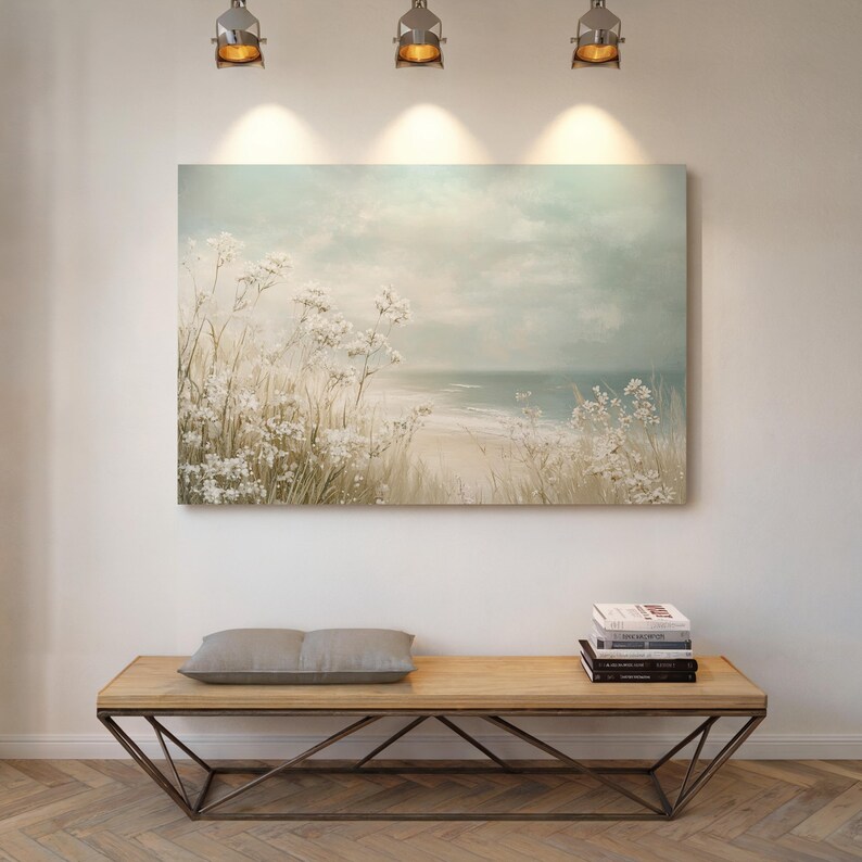 Soft Coastal Beach Floral Canvas Wall Art Neutral Ocean Seascape With soft-coastal-beach-floral-canvas-wall-art-neutral-ocean-seascape-with
