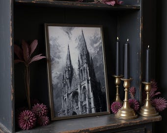 May include: A framed black and white print of a cathedral with tall spires, displayed on a dark wooden shelf. Three black candles in gold candle holders and decorative burgundy flowers add to the gothic aesthetic.