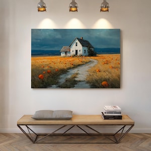 Pumpkin Field Farmhouse | Rustic Autumn Landscape Wall Art
