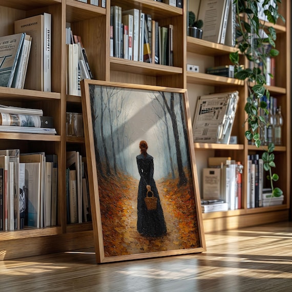 Autumn Woman Canvas Wall Art, Mysterious Lady in Black Dress Walking  Through Forest Path, Romantic Fall Painting Print for Home Dcor - Etsy