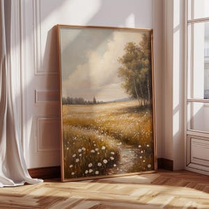 Golden Wildflower Meadow Canvas Wall Art – Peaceful Daisy Field Landscape Print in Soft Vintage Tones for Rustic Nature Decor