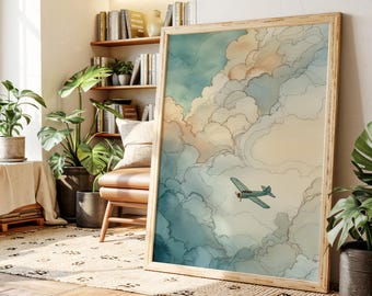 Art mural avion vintage, impression sur toile avion rétro volant à travers les nuages, illustration du ciel inspirée de l'aviation pour les amateurs de pilotes, décoration d'intérieur