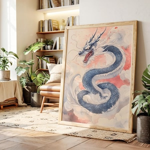 Blue Chinese Dragon Canvas Wall Art, Watercolor Style Eastern Dragon Print, Mythical Serpent Poster for Fantasy or Asian Inspired Decor