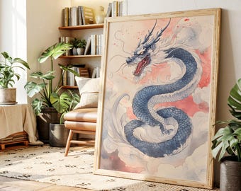 Arte de parede em tela de dragão chinês azul, impressão de dragão oriental em estilo aquarela, pôster de serpente mítica para decoração de fantasia ou inspiração asiática