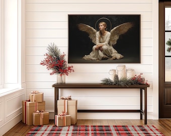Guardian Angel Canvas Wall Art, Spiritual Christian Angel Painting, Religious Home Decor, Serene Angel Wings Artwork, Divine Gift Print
