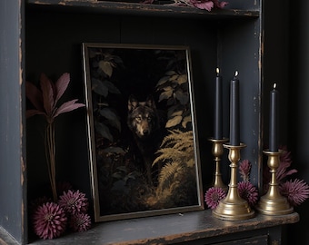 Wolf Wall Art Canvas, Dark Forest Wolf Print, Wildlife Home Decor, Rustic Cabin Artwork, Mysterious Wolf Painting Poster, Nature Wall Decor