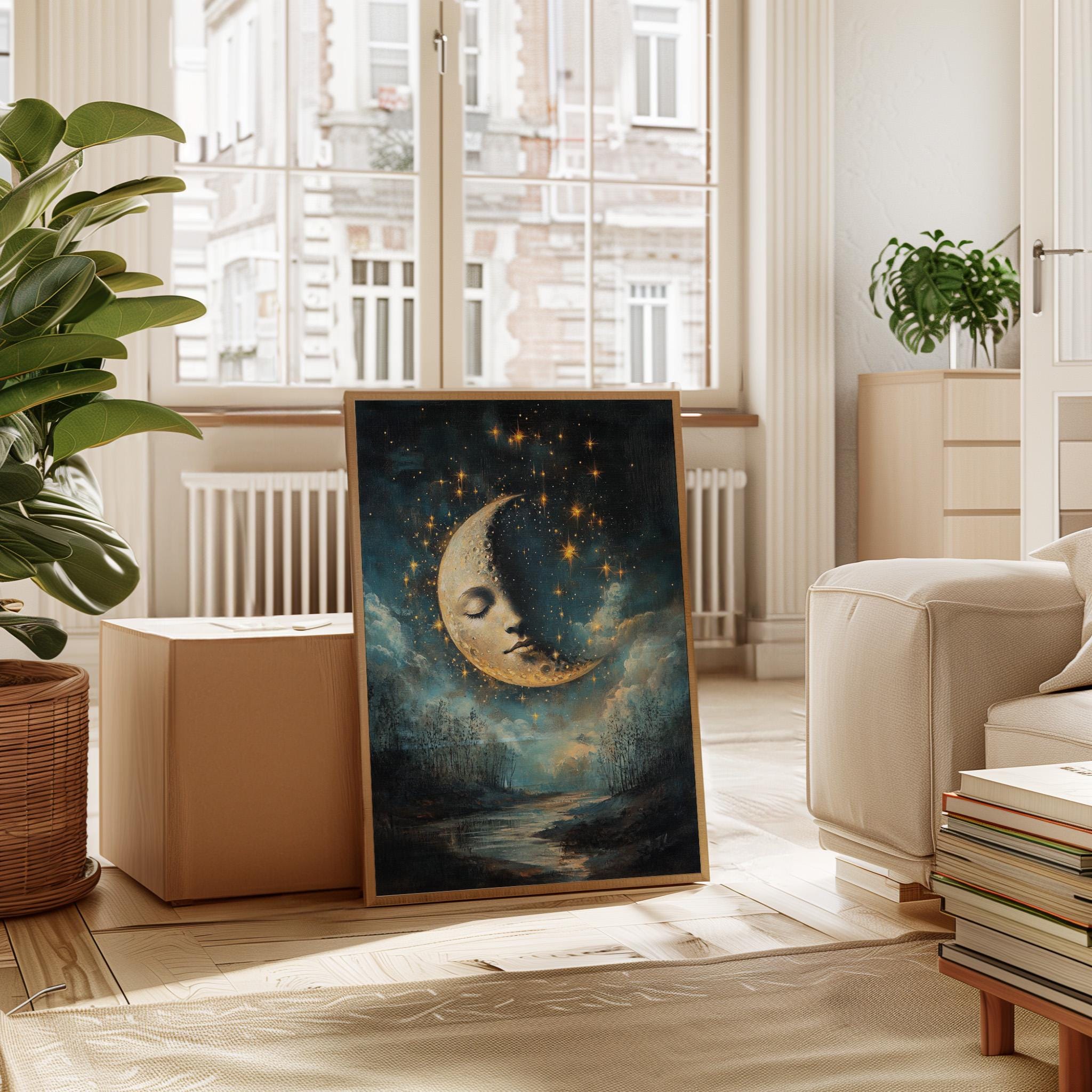 「MOON.」CLARITY ART Surreal Moon Face Canvas – Dreamy Crescent Moon With Stars Over a