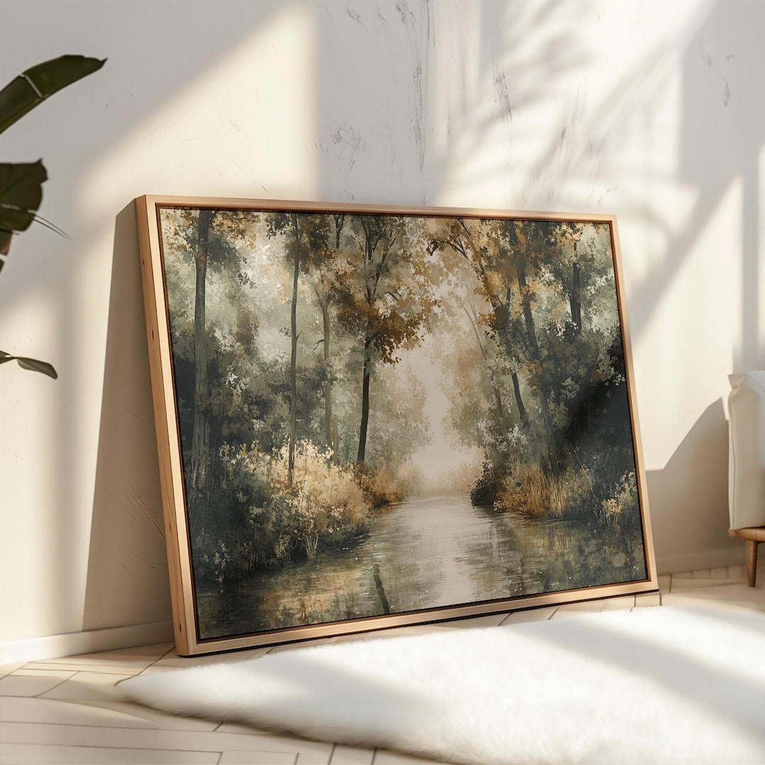 Tranquil Forest River Canvas Art - Serene Nature Scene With Reflective ...