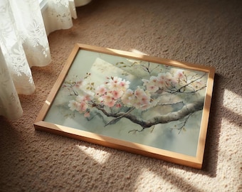 桜のウォールアートキャンバス、ソフトパステルフローラルペイント、日本の桜の枝の装飾、エレガントな寝室のボタニカルプリント、春のホームポスター