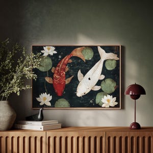 Red and White Koi Fish Canvas Wall Art With Lotus Flowers, Japanese Inspired Pond Painting, Zen Water Garden Decor, Oriental Artwork image 2