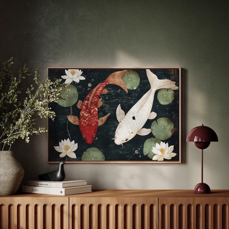 Red and White Koi Fish Canvas Wall Art With Lotus Flowers, Japanese Inspired Pond Painting, Zen Water Garden Decor, Oriental Artwork image 2