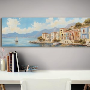 Mediterranean Seaside Town Canvas, Coastal Village Wall Art, European Landscape Print, Nautical Home Decor, Vintage Harbor Painting