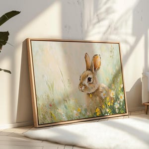 Spring Bunny Canvas Print, Cottagecore Rabbit Wall Art, Floral Meadow Painting, Woodland Animal Decor, Rustic Nature Home Artwork