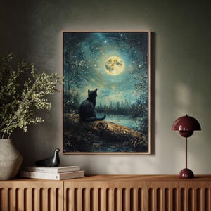 Schwarze Katze im Mondlicht - Mystische Nachtszene, Sternenhimmel & mondbeschienener Wald, Wunderliche Katzenkunst, Bezaubernde Wanddekoration