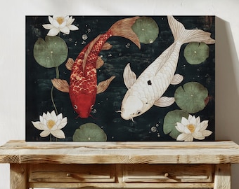 Red and White Koi Fish Canvas Wall Art With Lotus Flowers, Japanese Inspired Pond Painting, Zen Water Garden Decor, Oriental Artwork