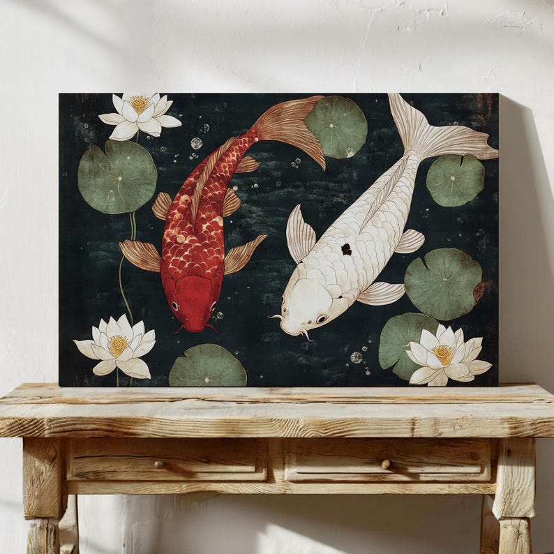 Elegant koi fish wall art featuring red and white koi swimming among lotus flowers. A Japanese-inspired canvas painting perfect for zen, oriental, or spiritual home décor. Creates a serene and tranquil atmosphere in any space.