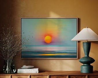 Minimalist Ocean Sunset Painting with Bold Orange Sun Over Calm Waters, Modern Abstract Seascape Canvas Wall Art for Coastal Home Decor
