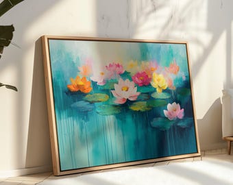 Colorful Lotus Flower Canvas Wall Art, Abstract Water Lily Painting, Vibrant Floral Pond Artwork, Modern Botanical Nature Decor