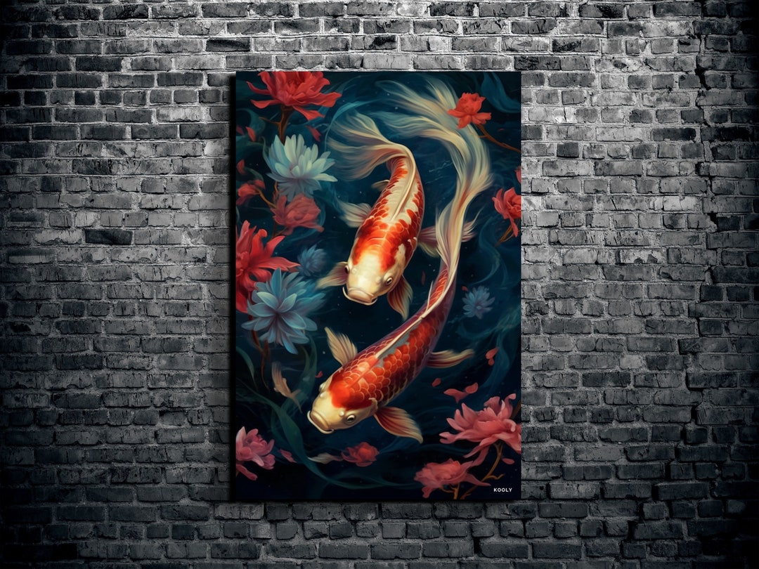 Koi Fish Canvas Wall Art, Two Koi Fishes Nature Animal Wall Art