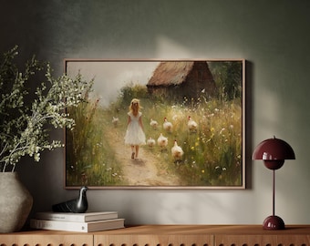 Girl Walking with Chickens Canvas Wall Art - Farmhouse Country Landscape, Rustic Cottagecore Decor, Pastoral Painting for Cozy Spaces