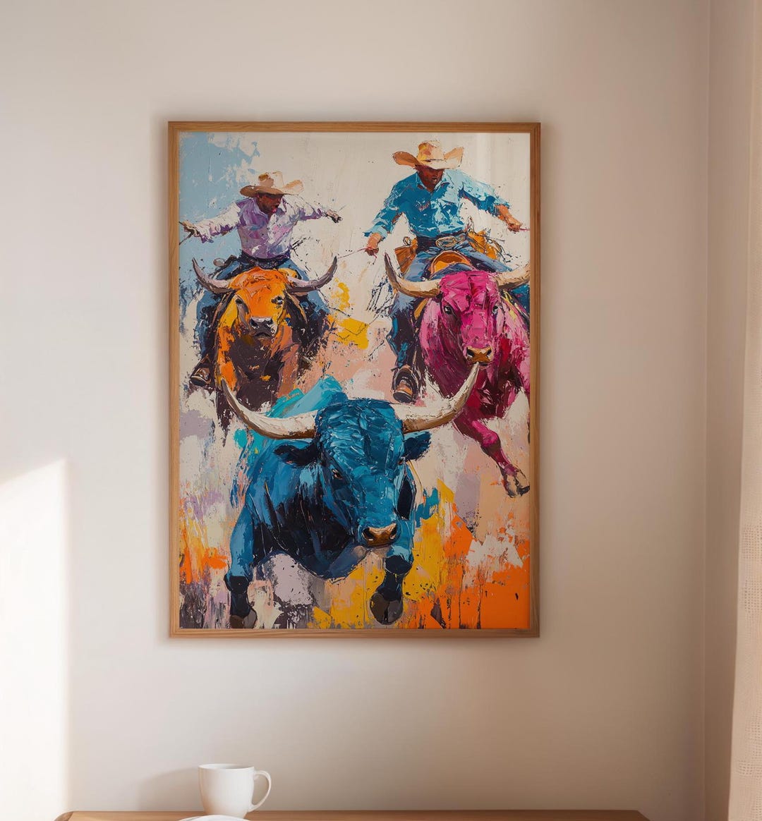 Colorful Rodeo Bull Riding Canvas Art, Western Cowboy Wall Decor, Bold ...