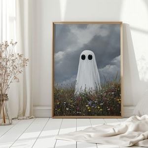 Cute Ghost in Wildflower Field Canvas Art, Whimsical Halloween Wall Decor, Dark Cottagecore Spooky Ghost Painting with Moody Sky