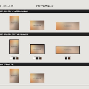 Op de afbeelding: Afdrukopties van Koolyart, waaronder 1,25 gallery wrapped canvas, 1,25 gallery canvas framed en matte posters. Elke optie wordt weergegeven met voorbeelden van portret, landschap en panoramisch. Er worden ook framekleuropties getoond.