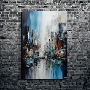 Abstract Cosmic Monochromatic Cityscape with a colorful palette Canvas Wall Art, Cityscape Art, City Art, Large Wall Art, KoolyArt