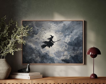 Flying Witch Moon Art | Stormy Halloween Canvas Print for Dramatic Autumn Home and Seasonal Decor