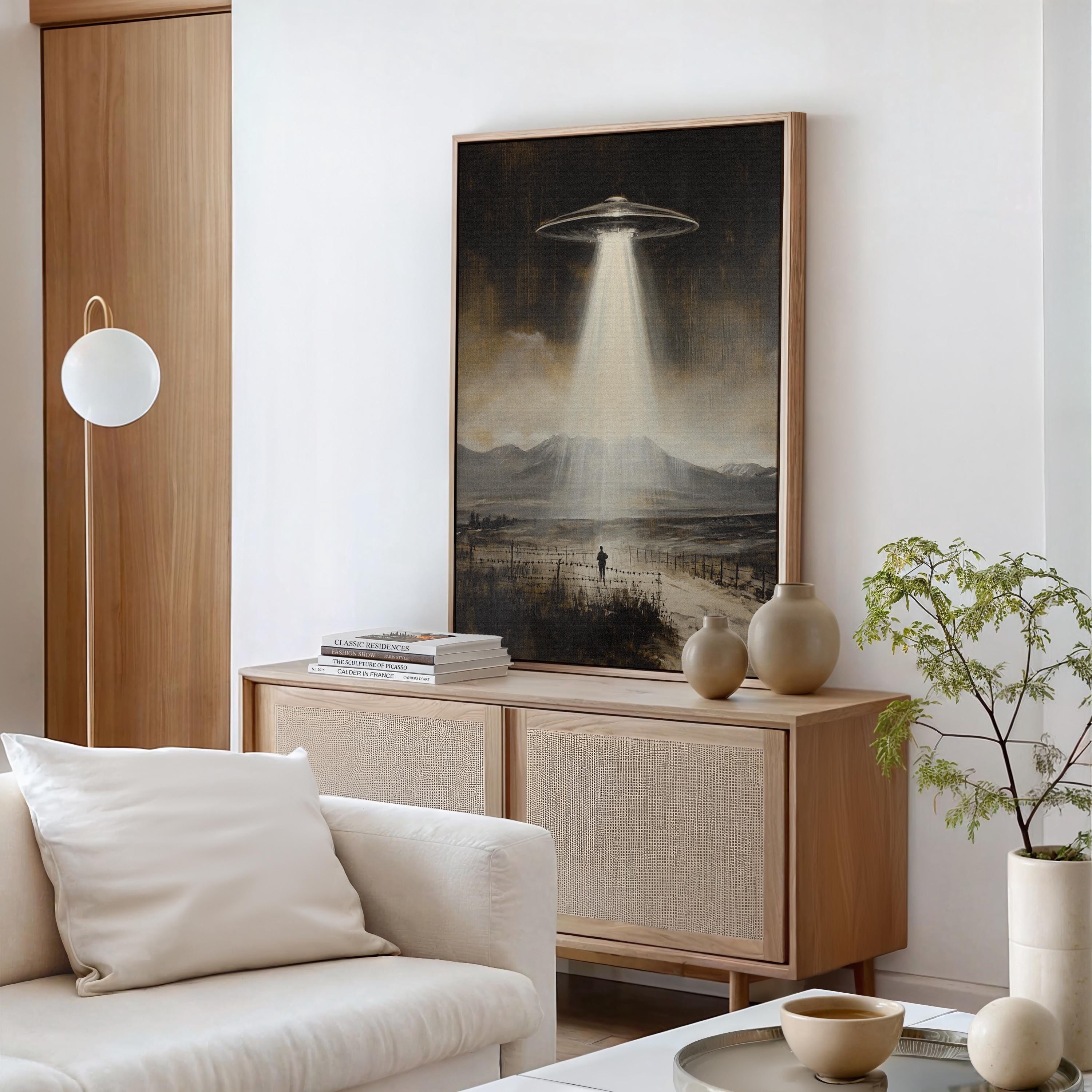 Sepia Alien Abduction Canvas Art - Mysterious UFO Encounter Wall