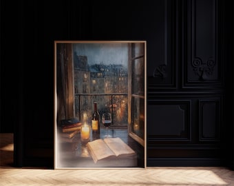 Paris Rainy Night Art Print, Cozy Window Reading Canvas, Candle Wine Book Lover Wall Decor, Romantic Paris Apartment Painting Poster