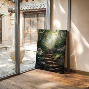 May include: A painting of a stone pathway leading up a hill through a lush green forest. The path is lined with flowers and the sun is shining through the trees.