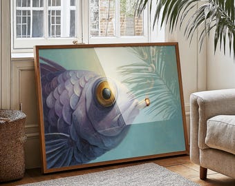 Surreal Fish with Cigarette and Bubbles in Aqua Space