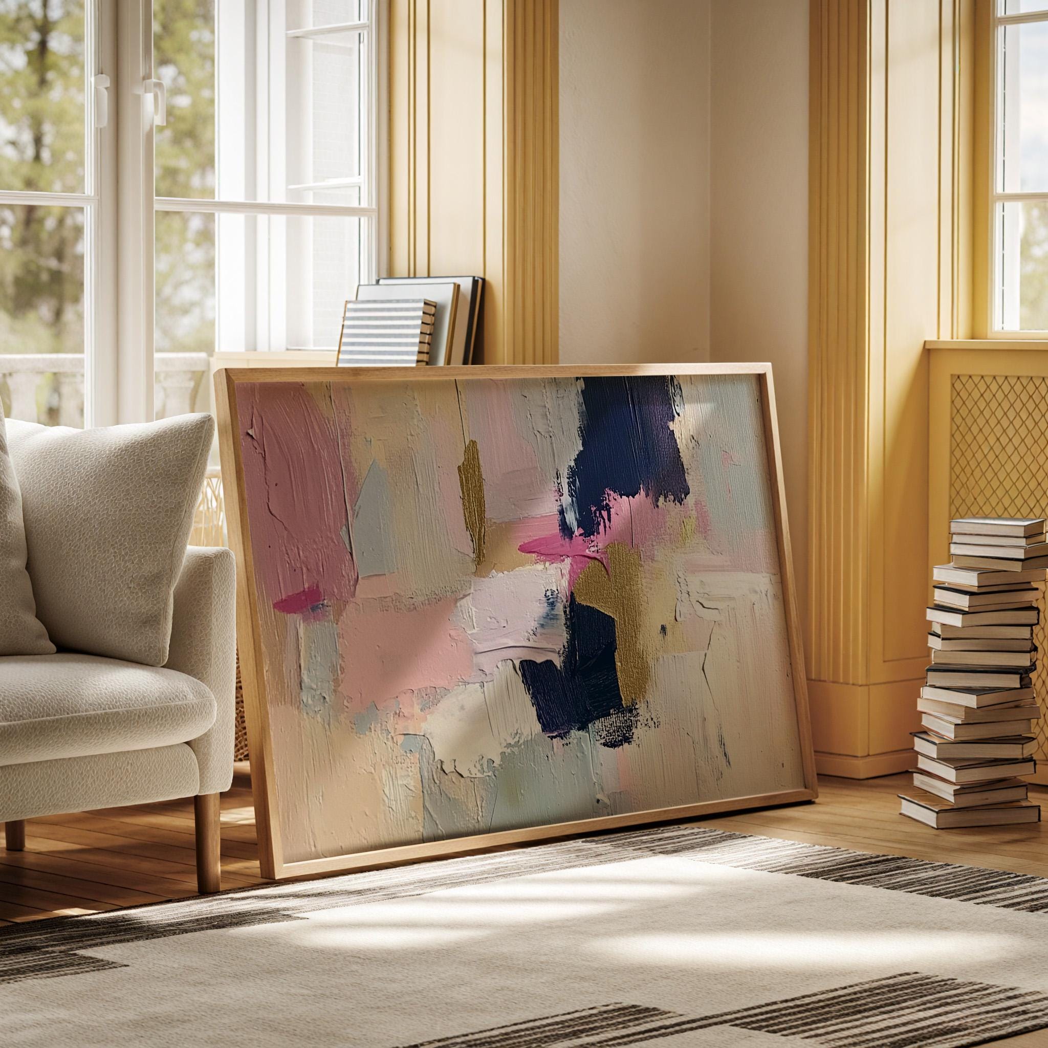 Pastel Abstract Canvas Wall Art - Pink, Navy, and Gold Modern Textured ...