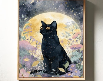 月明かりに照らされた猫のキャンバスプリント：神秘的な猫と月の壁